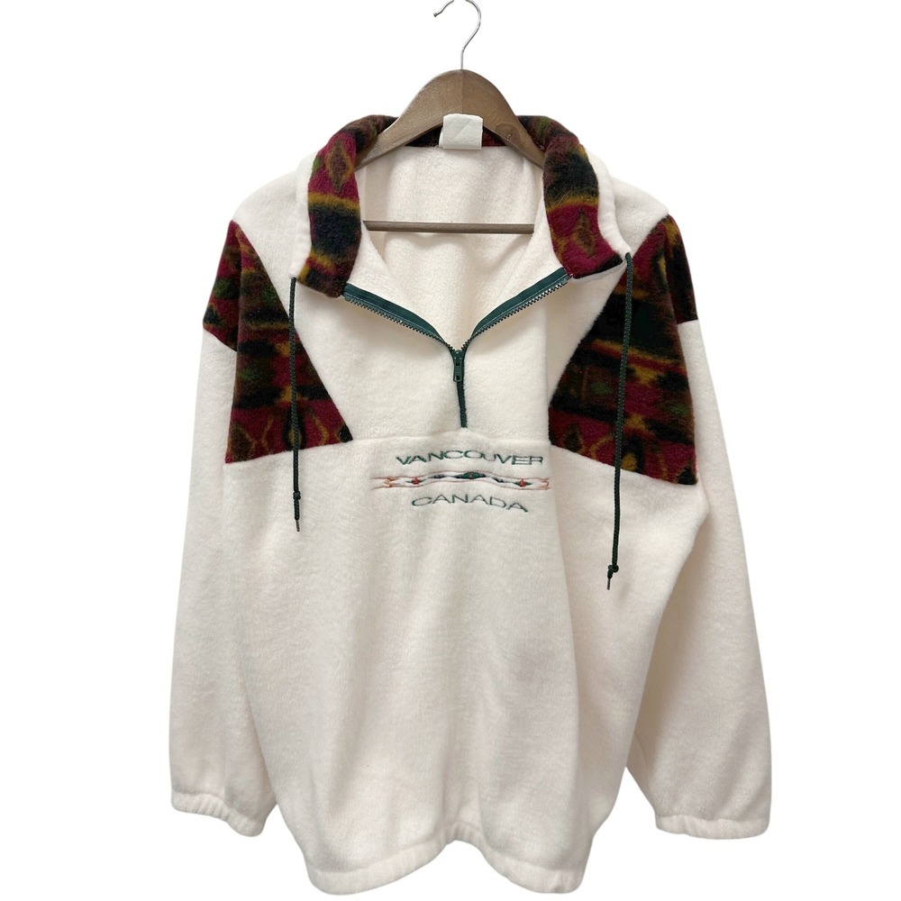 Vintage City Scape Quarter Zip Vancouver Canada Pullover Fleece Sweater Cream XL